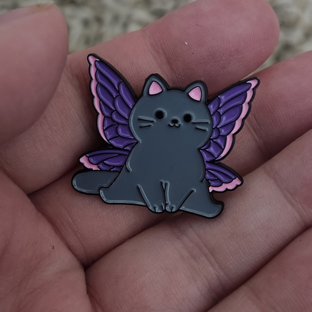 Gray Cat Pin with Purple and Pink Wings